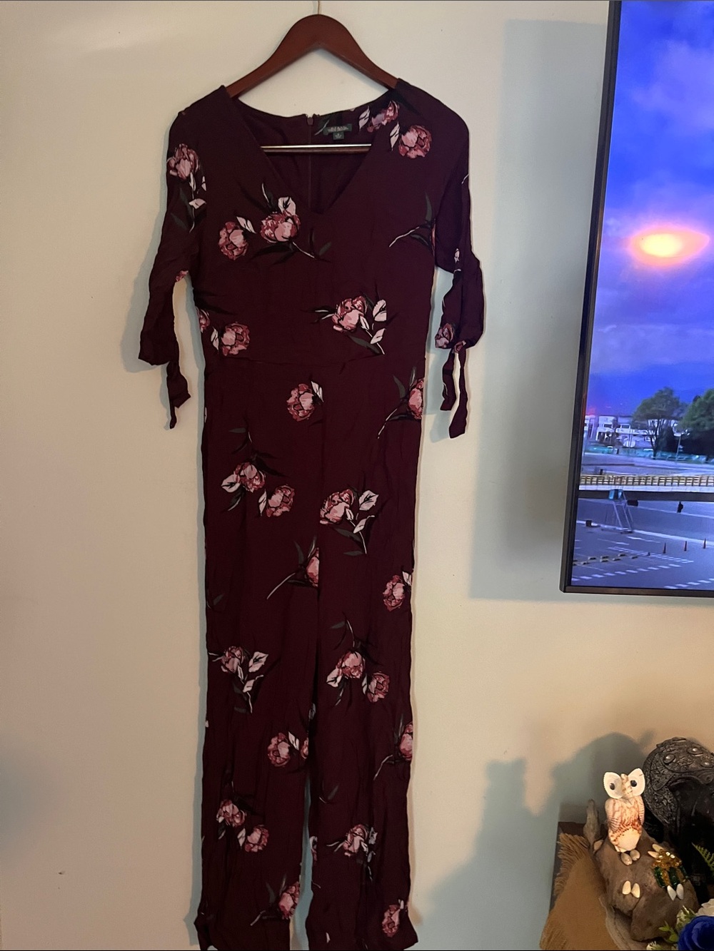 wild fable Burgundy Long-Sleeve Floral Jumpsuit